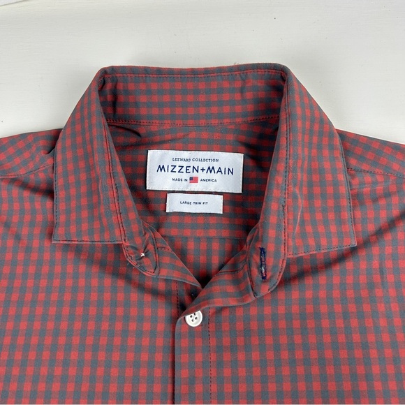 Mizzen+Main Leeward Shirt Mens Large Trim Red Gray Check Long Sleeve - Picture 3 of 6
